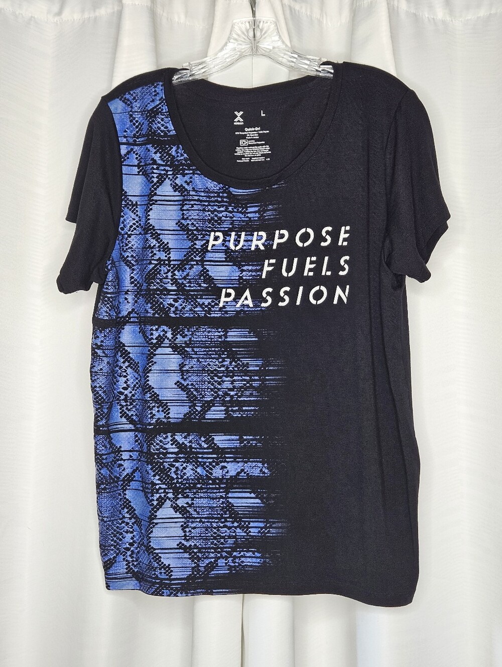 Xersion women's black & blue "Purpose Fuels Passion" short sleeve shirt size L